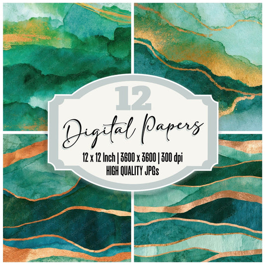 Watercolour Mint Jade Emerald Abstract Digital Paper Pack (DDD014822)