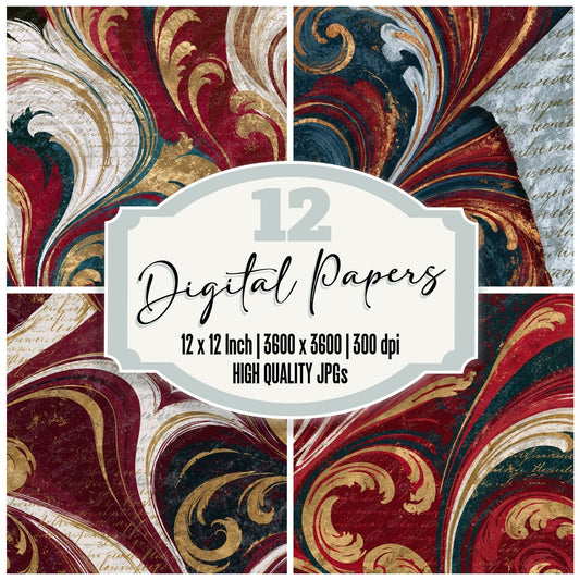 Baroque Crimson White Abstract Digital Paper Pack (DDD014826)