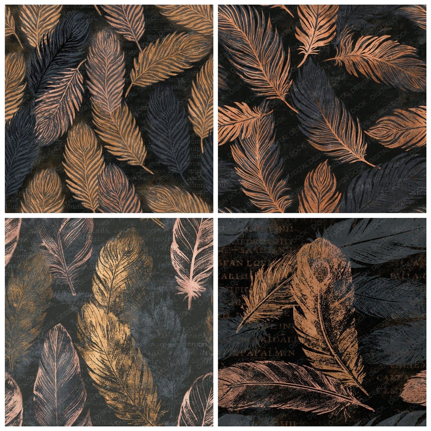 Indian Block Phoenix Charcoal Gold Seamless Digital Paper Pack (DDD014832)