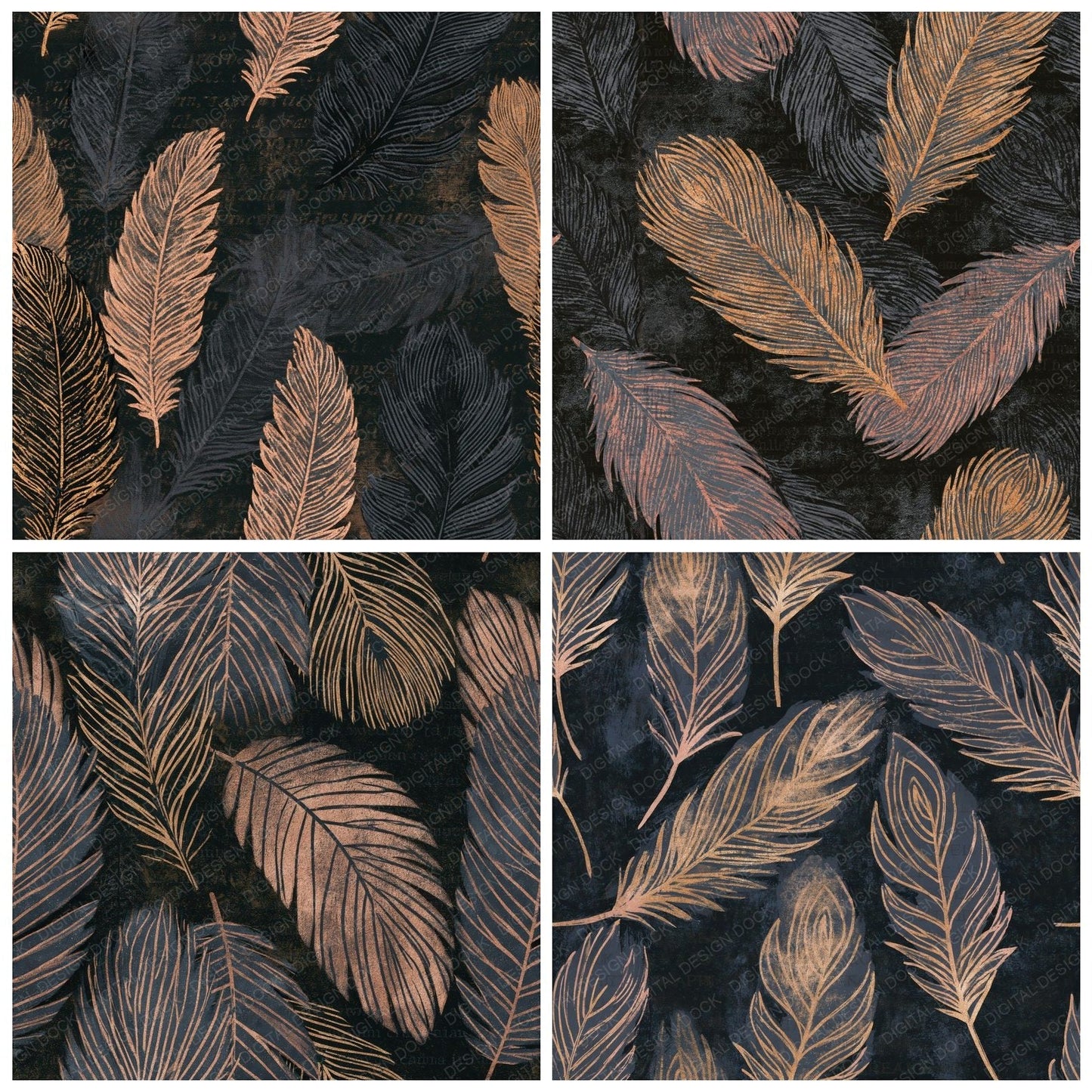 Indian Block Phoenix Charcoal Gold Seamless Digital Paper Pack (DDD014832)