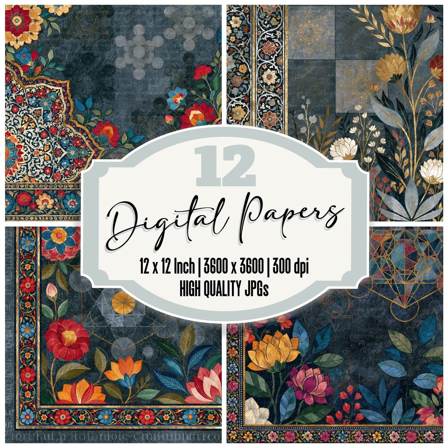 Mughal Metatrons Cube Silver Grey Digital Paper Pack (DDD014834)