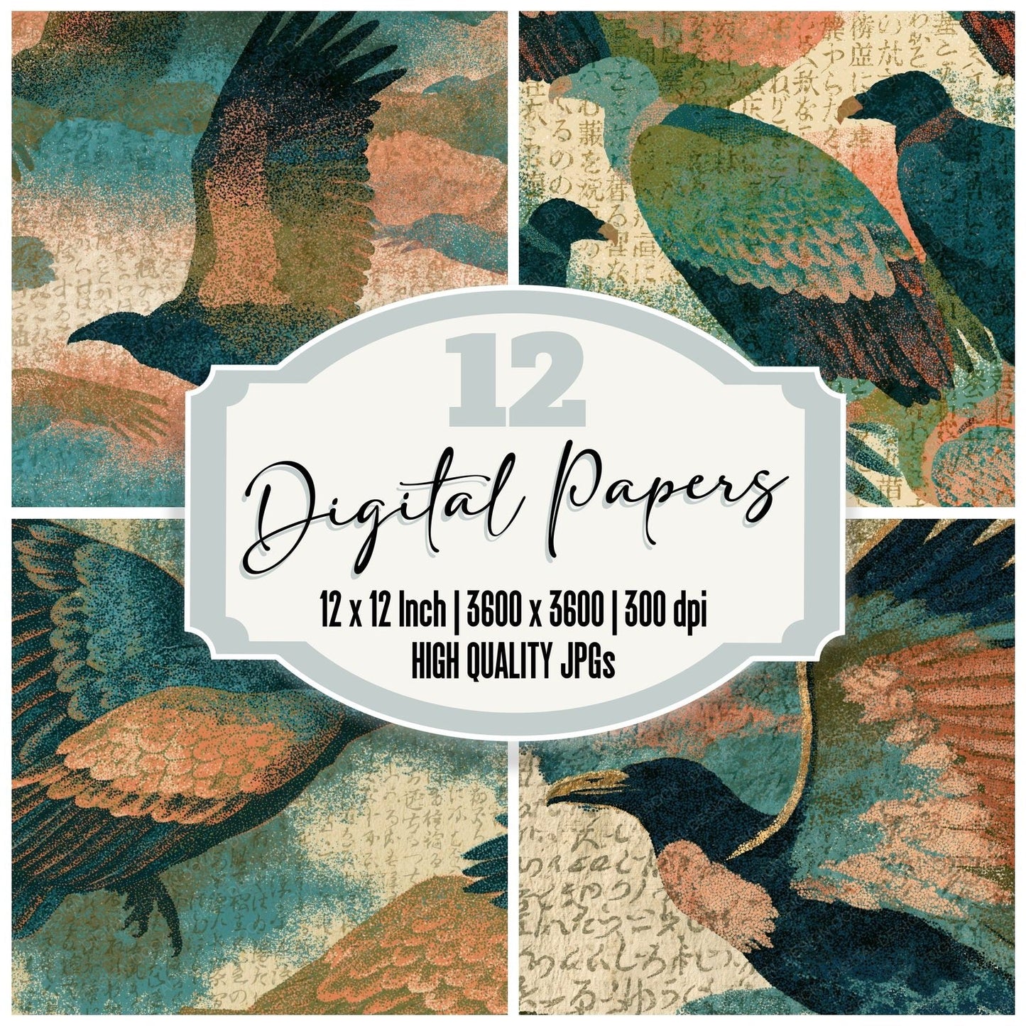 Stipple Vultures Olive Peach Turquoise Digital Paper Pack (DDD014838)