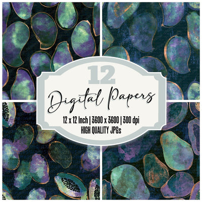 Sumi-e Tropical Fruit Aurora Lilac digital paper pack cover showing four of the 12 papers