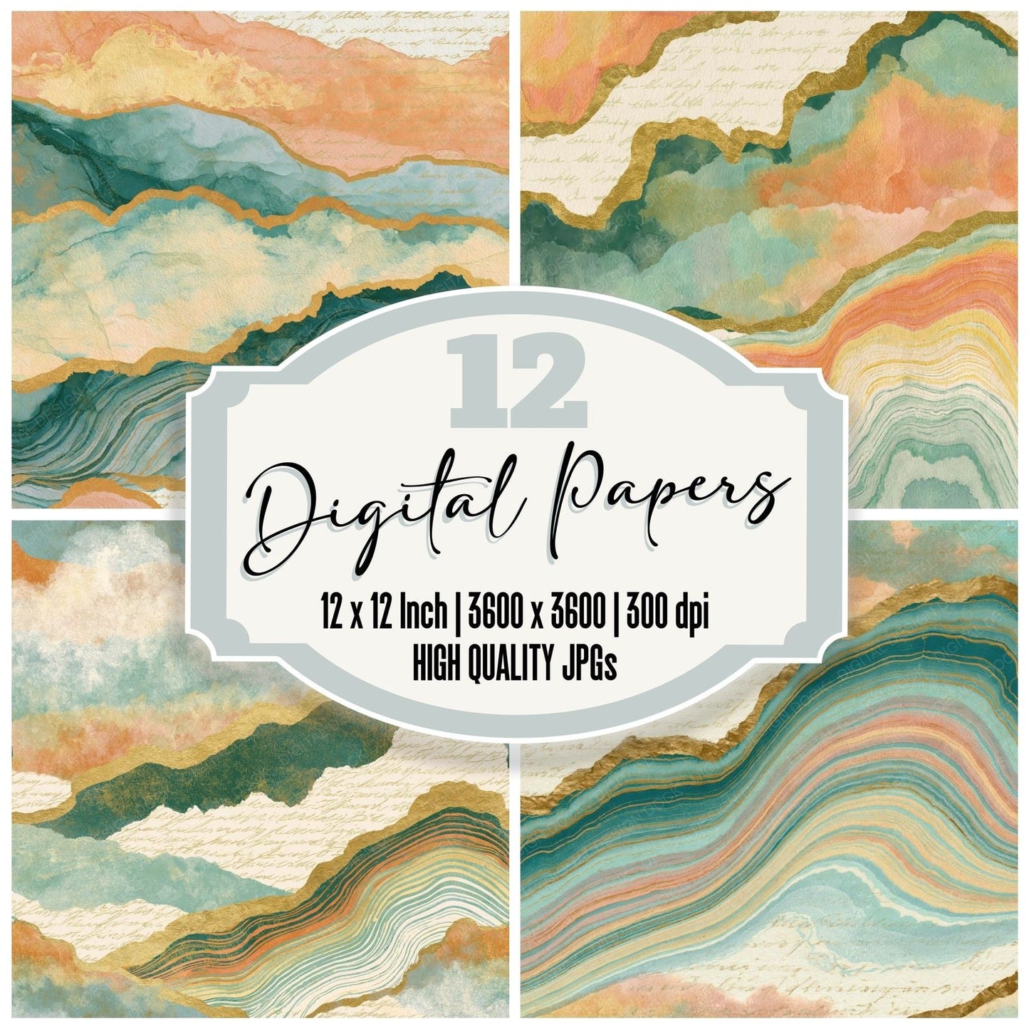 Suminagashi Fog Banks Peach Mint Digital Paper Pack (DDD014842)