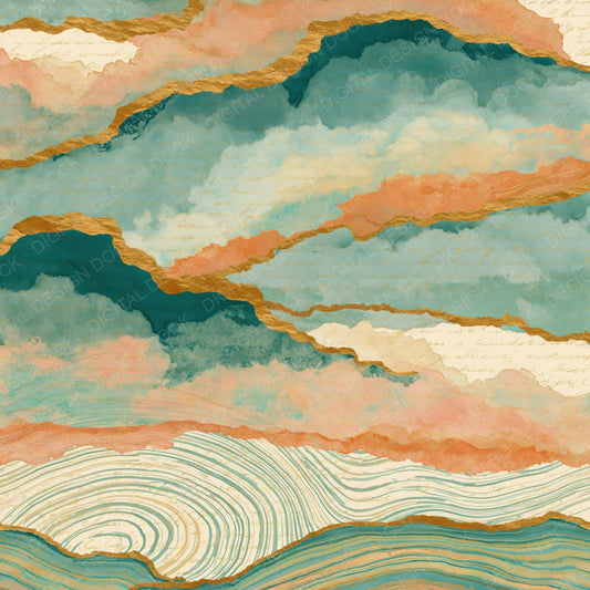 Single Suminagashi Fog Banks Peach Mint digital paper shown full size