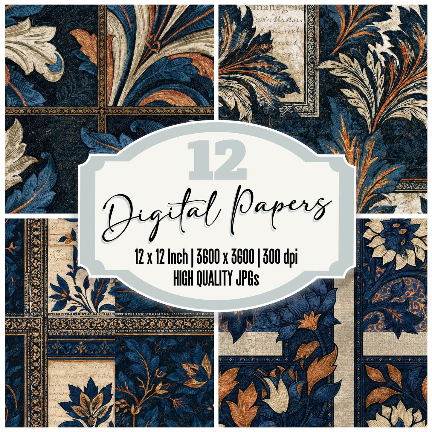 Victorian Midnight Bone Abstract Seamless Digital Paper Pack (DDD014843)