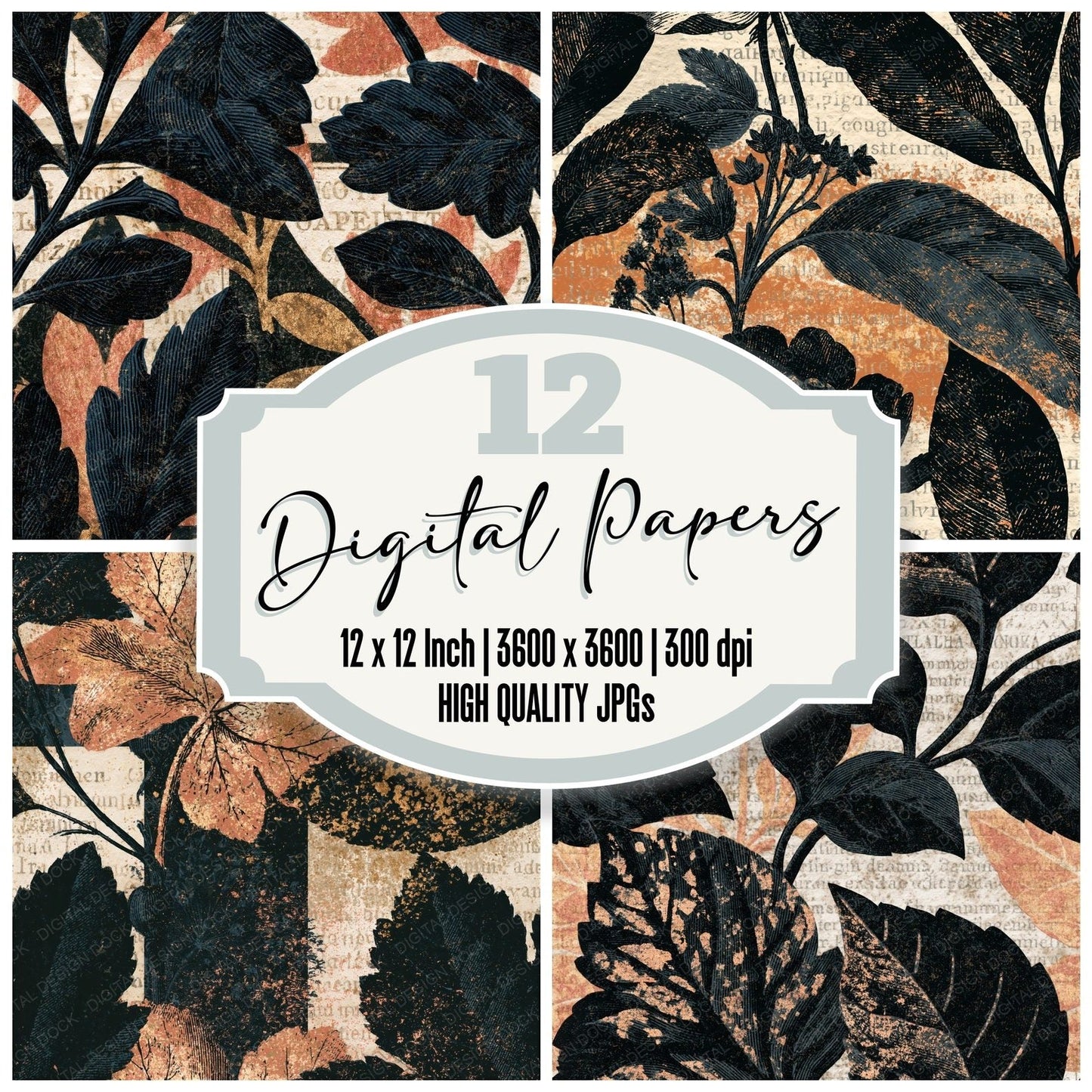 Antique Botanical Black Cream Tonal Seamless Digital Paper Pack (DDD014845)