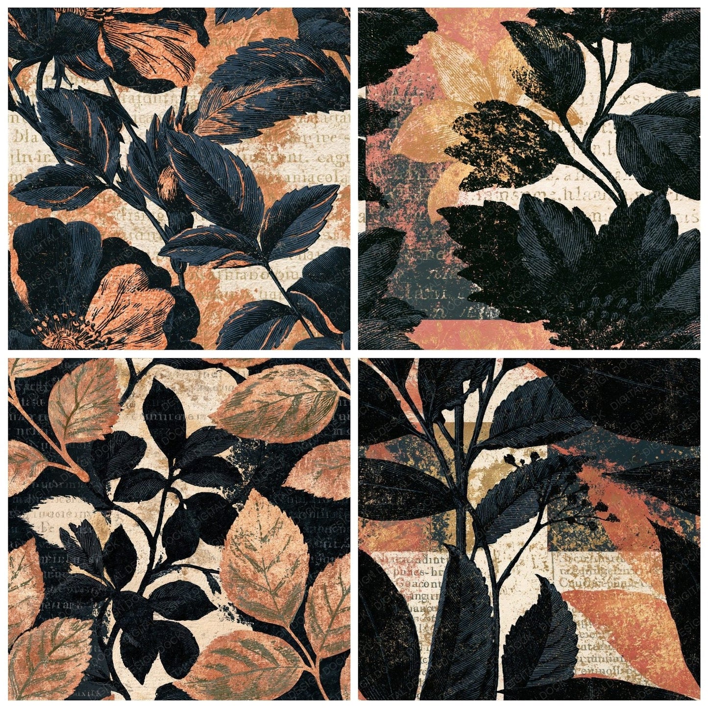 Antique Botanical Black Cream Tonal Seamless Digital Paper Pack (DDD014845)