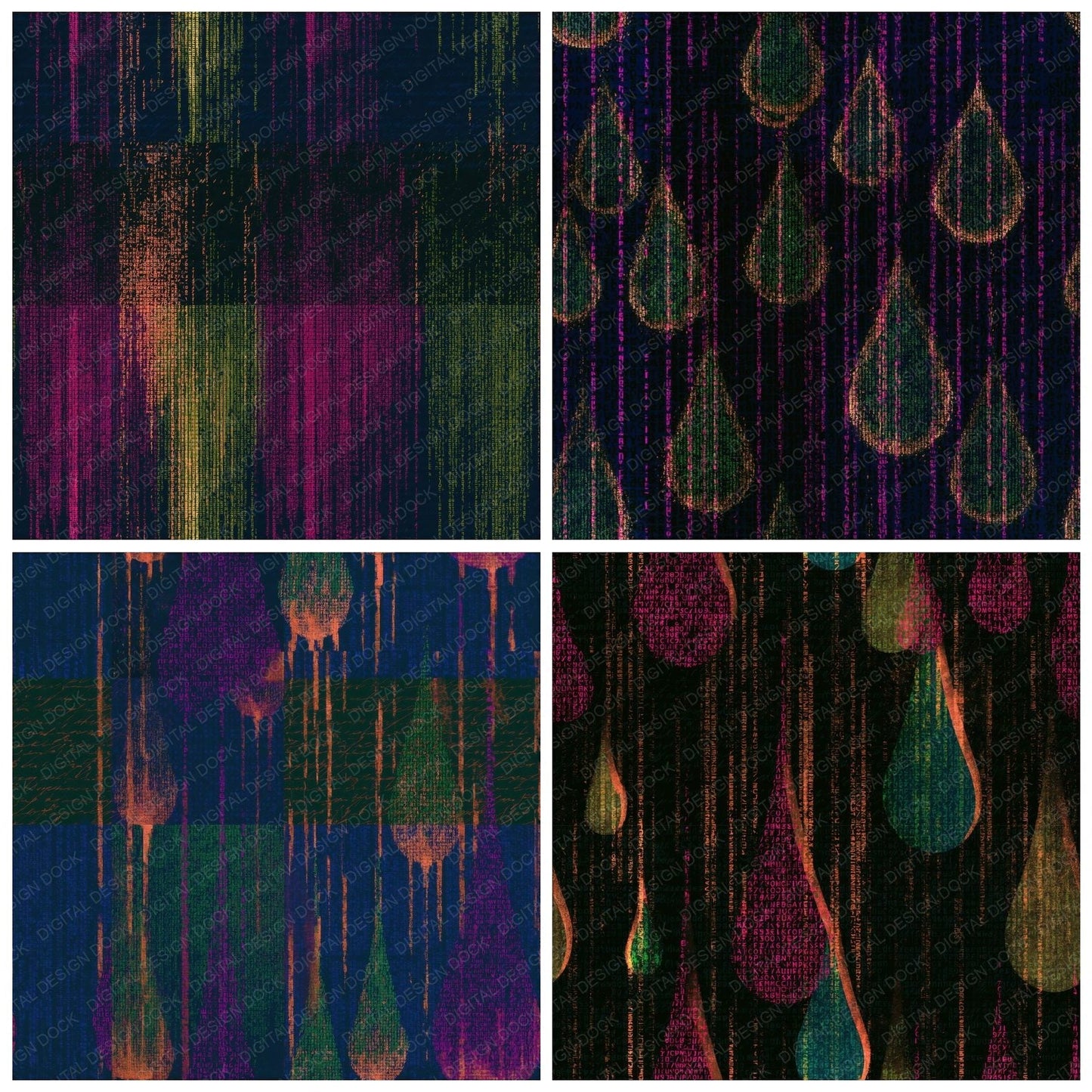 ASCII Raindrops Neon Magenta Seamless Digital Paper Pack (DDD014847)