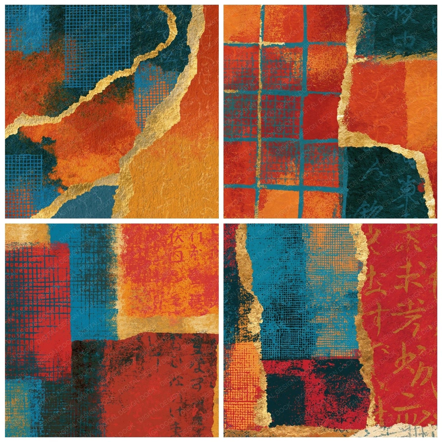 Collage Cyan Grids Saffron Rust Digital Paper Pack (DDD014852)