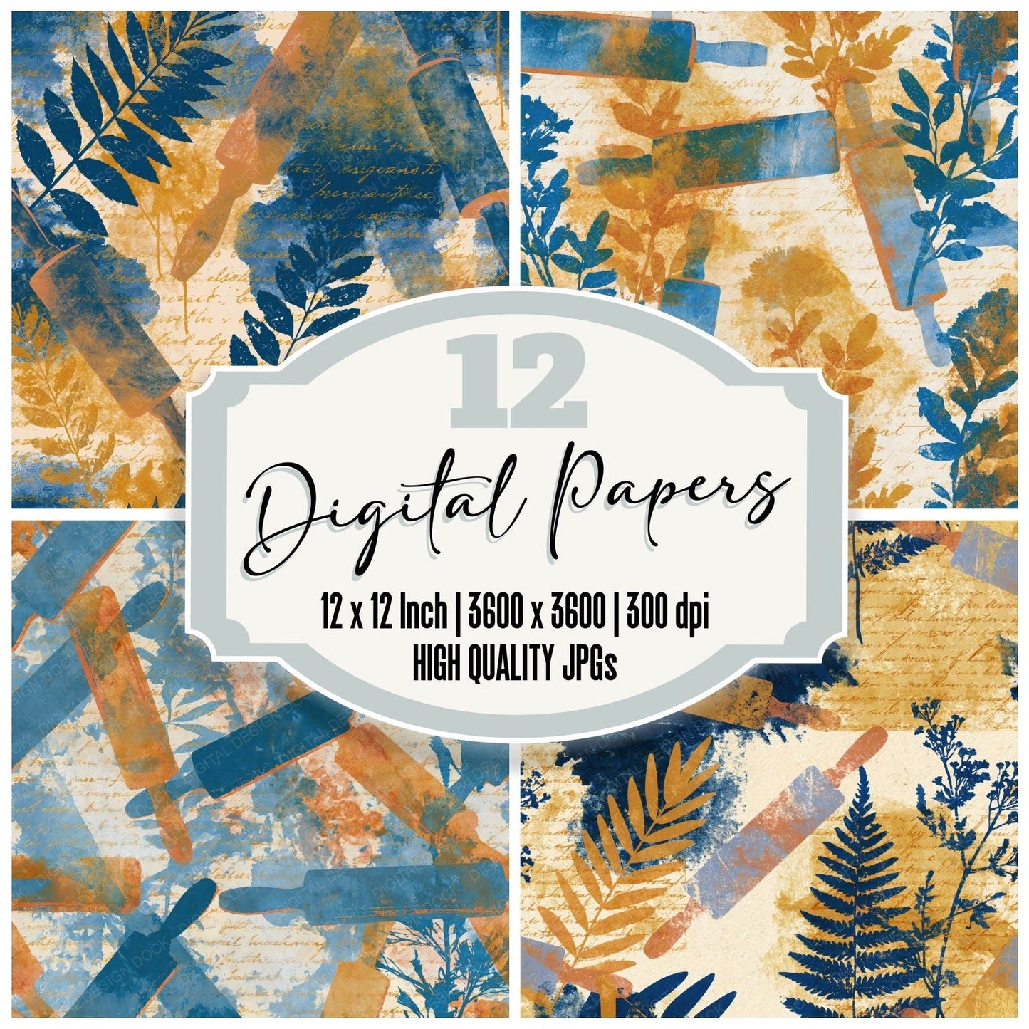 Cyanotype Rolling Pins Honey Mustard Digital Paper Pack (DDD014854)