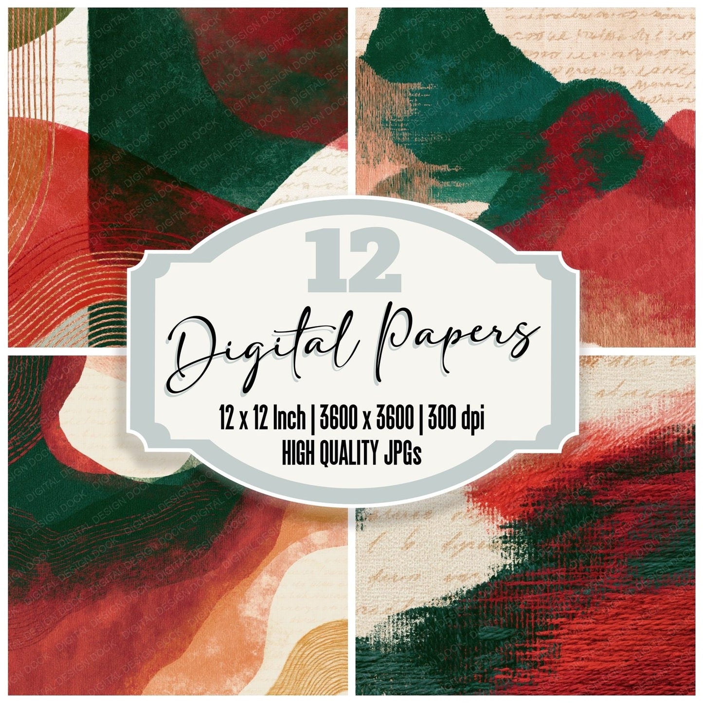Embroidery Evergreen Red Cream Texture Digital Paper Pack (DDD014855)