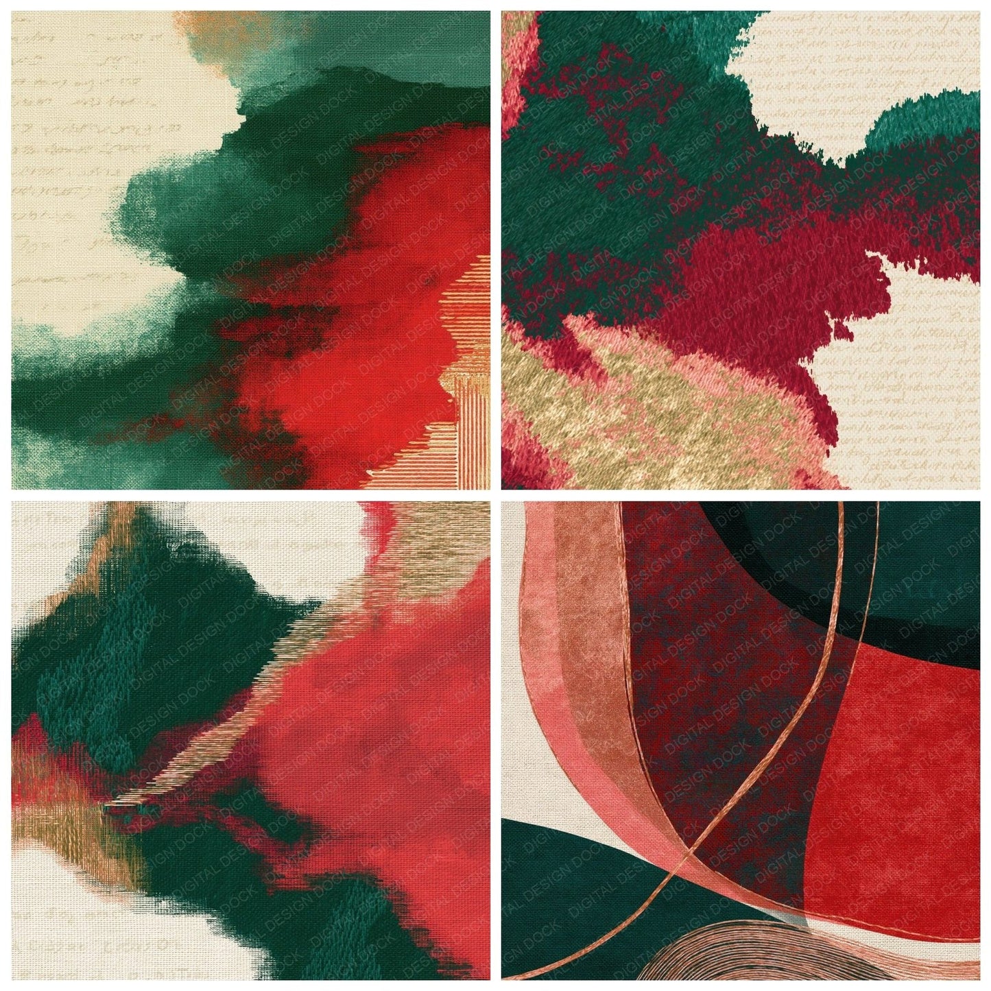 Embroidery Evergreen Red Cream Texture Digital Paper Pack (DDD014855)