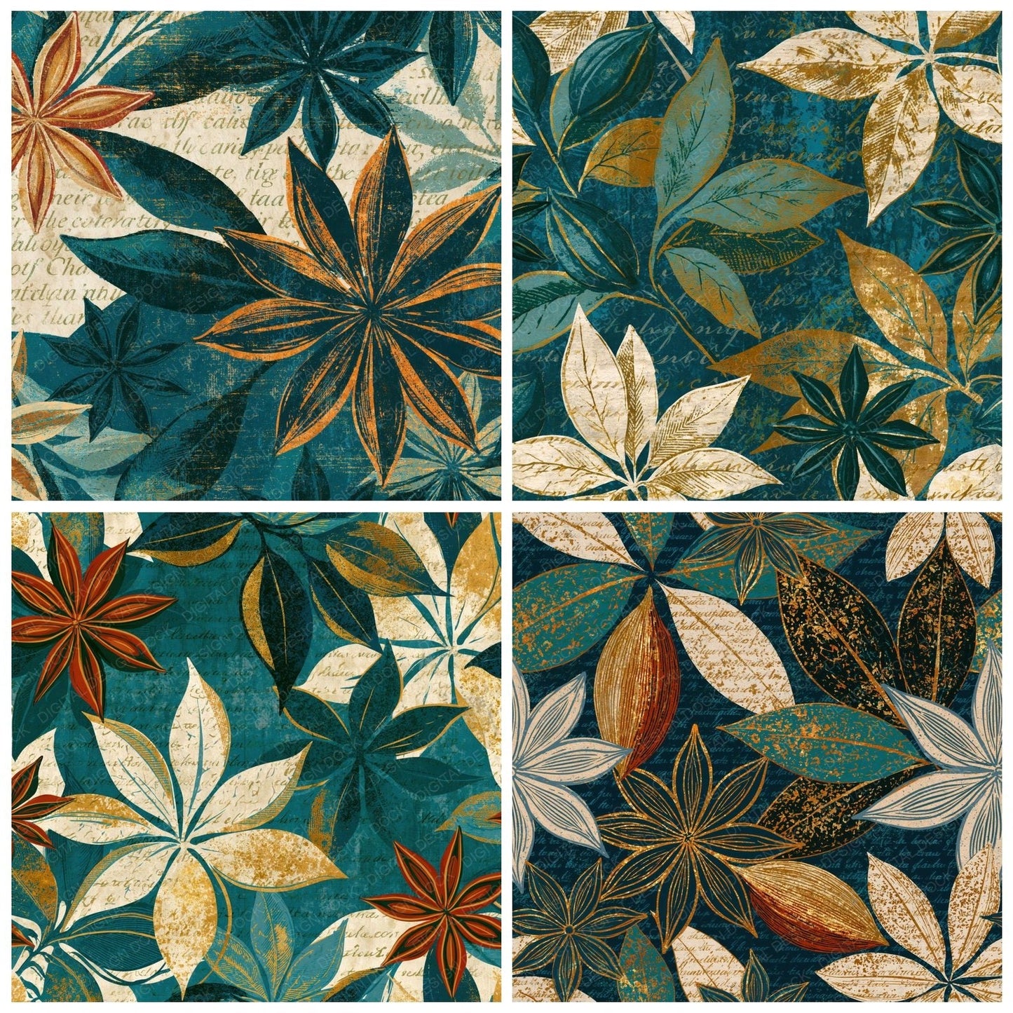 Antique Botanical Chai Spice Teal Bone Digital Paper Pack (DDD014866)