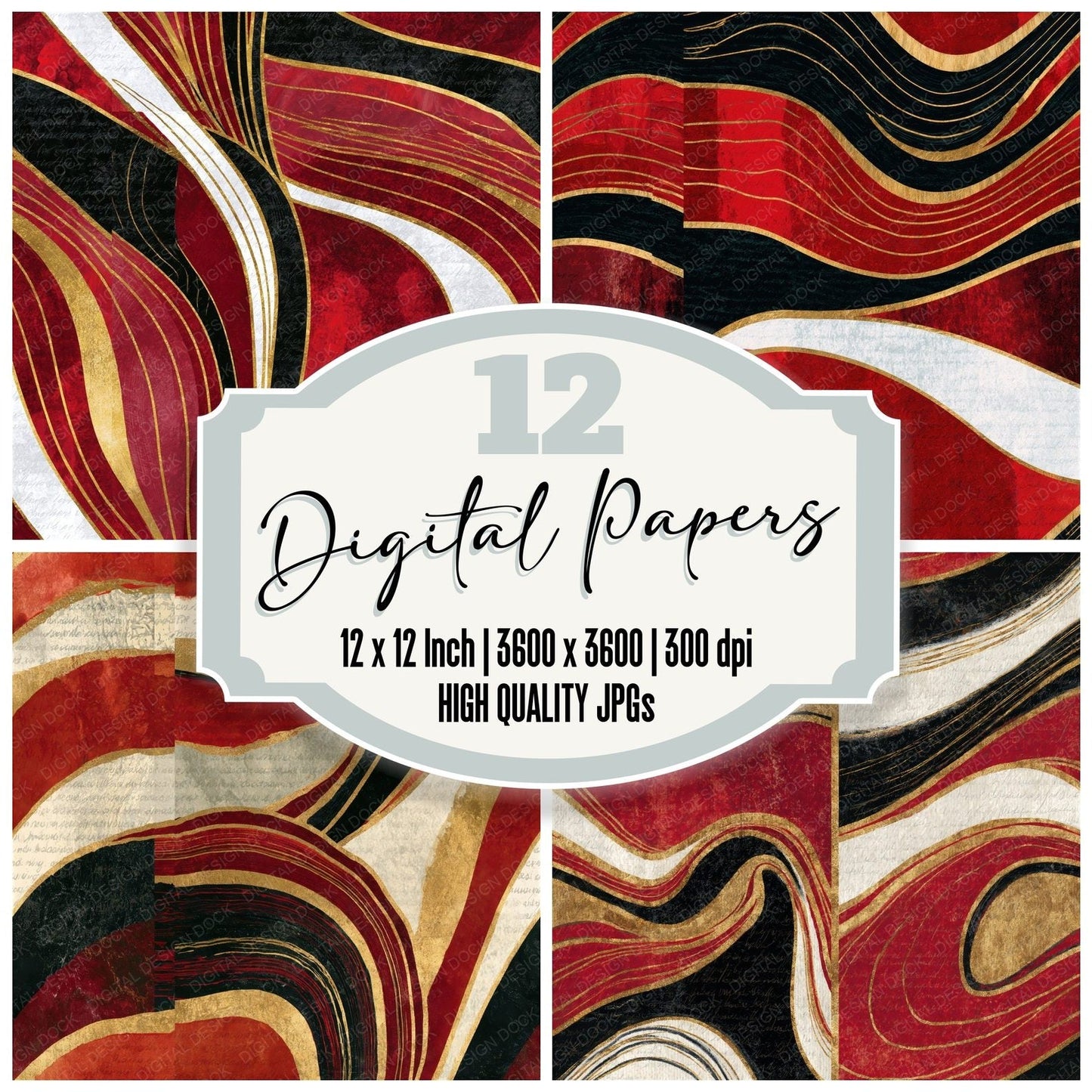 Art Nouveau Crimson White Abstract Seamless Digital Paper Pack (DDD014867)
