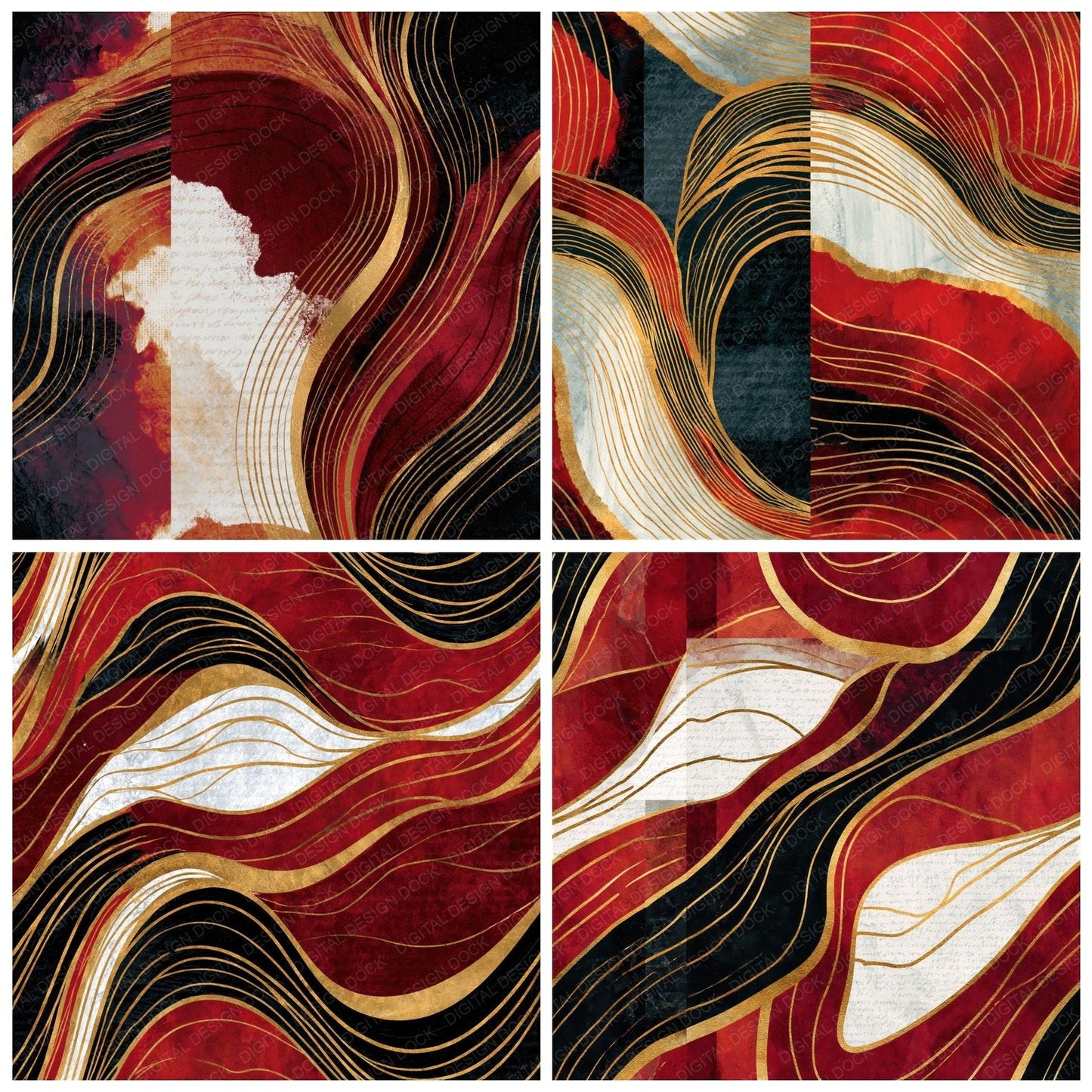 Art Nouveau Crimson White Abstract Seamless Digital Paper Pack (DDD014867)