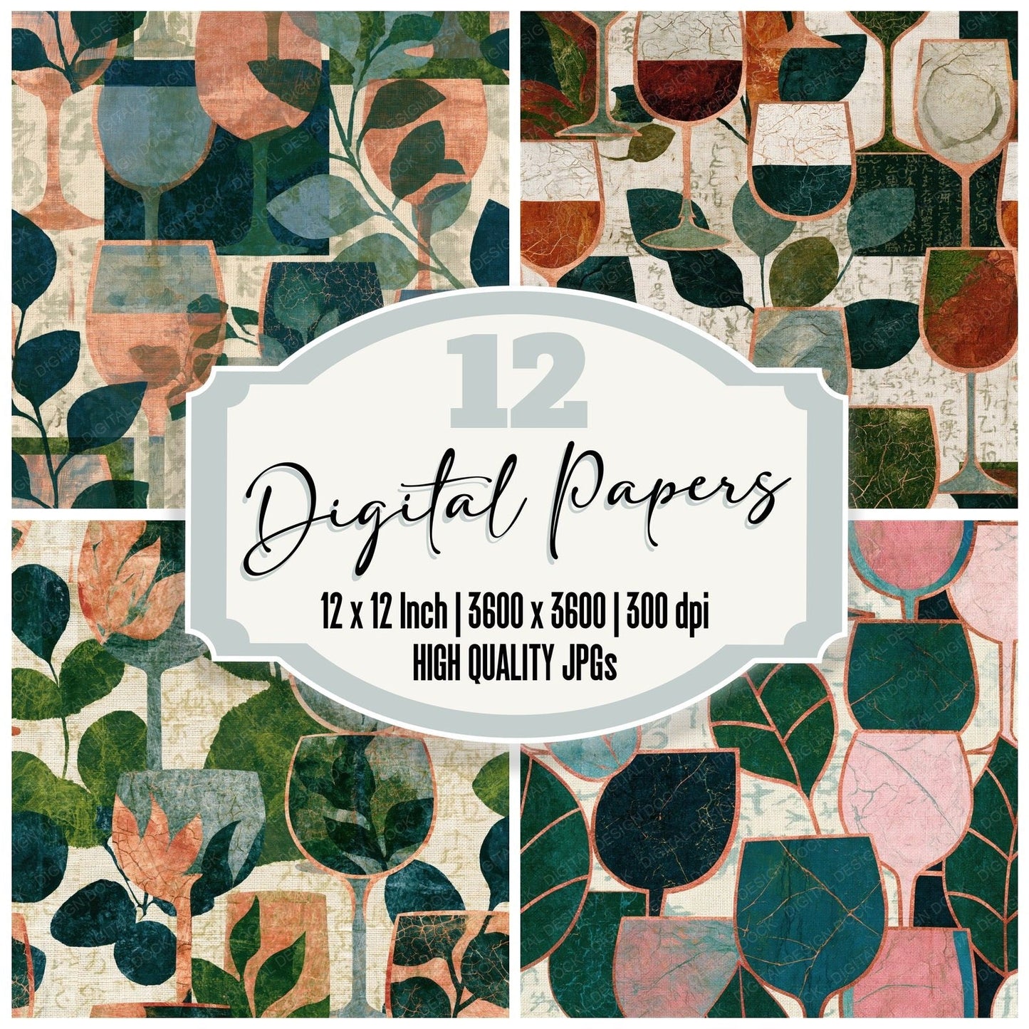Batik Wine Glasses Eucalyptus Seamless Digital Paper Pack (DDD014869)