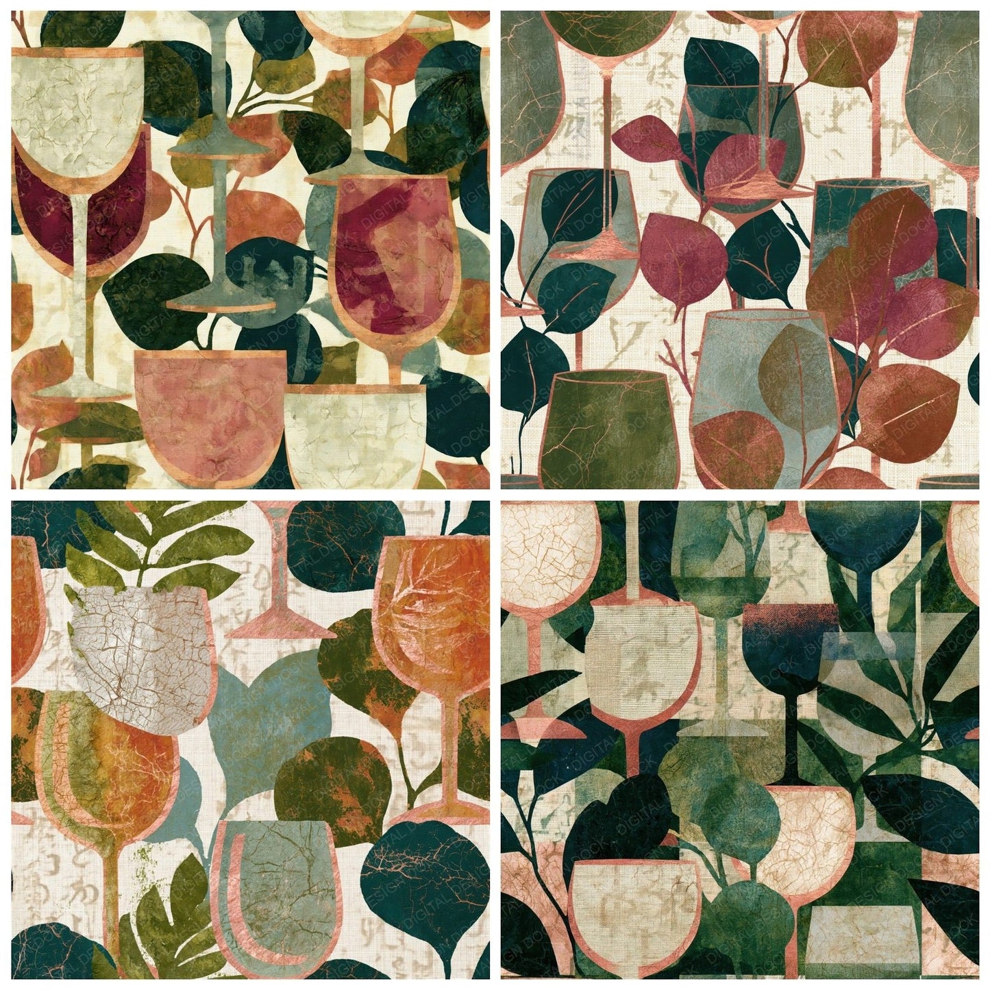 Batik Wine Glasses Eucalyptus Seamless Digital Paper Pack (DDD014869)