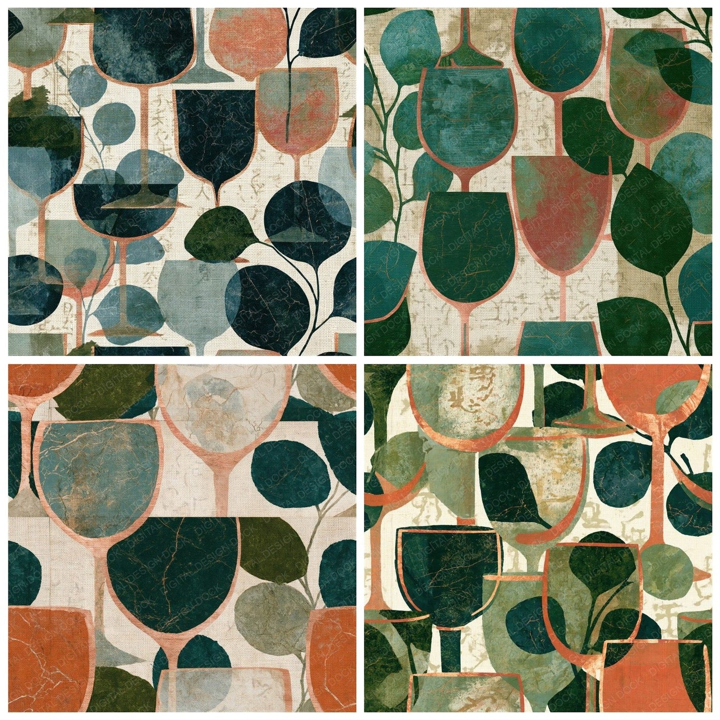 Batik Wine Glasses Eucalyptus Seamless Digital Paper Pack (DDD014869)