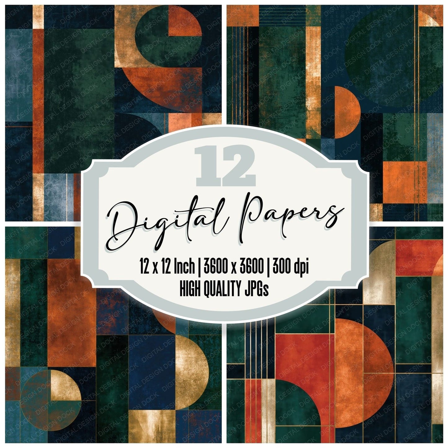 Bauhaus Midnight Green Copper Abstract Digital Paper Pack (DDD014870)