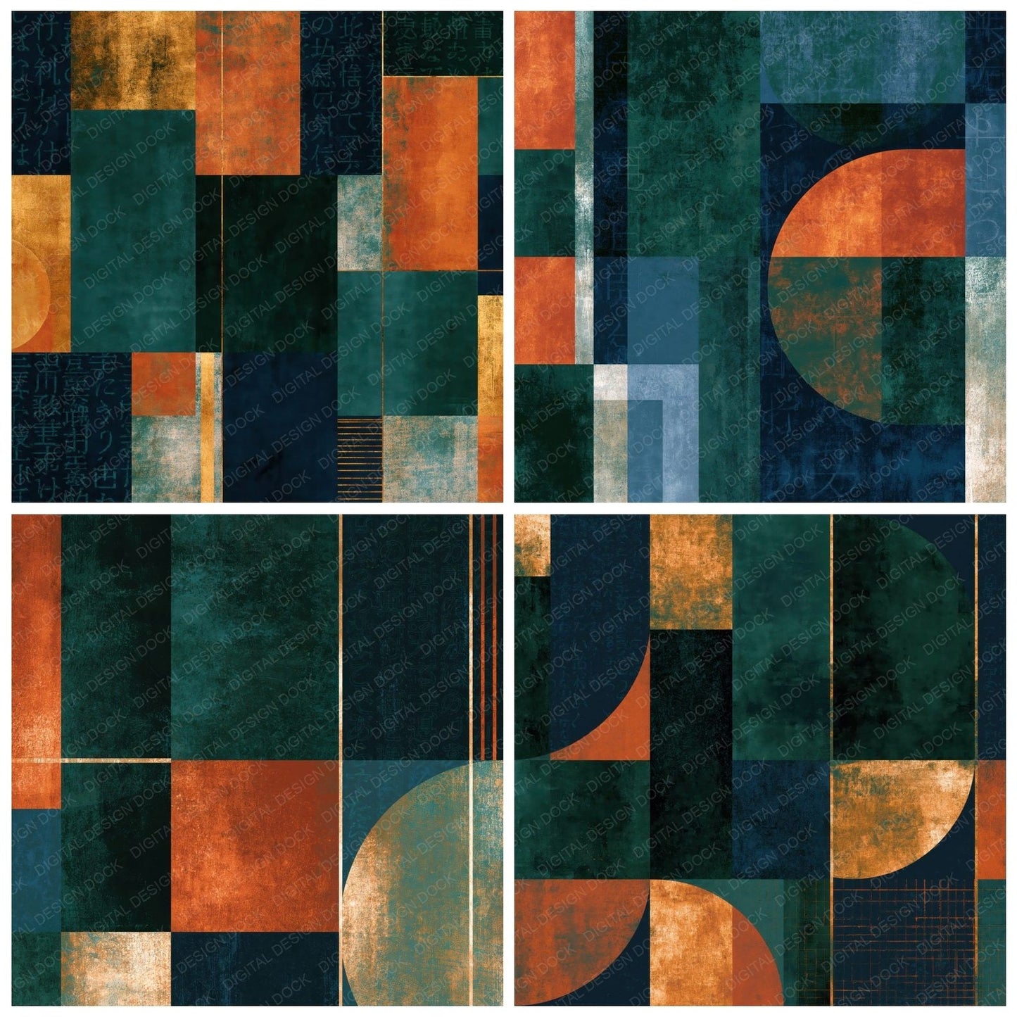 Bauhaus Midnight Green Copper Abstract Digital Paper Pack (DDD014870)