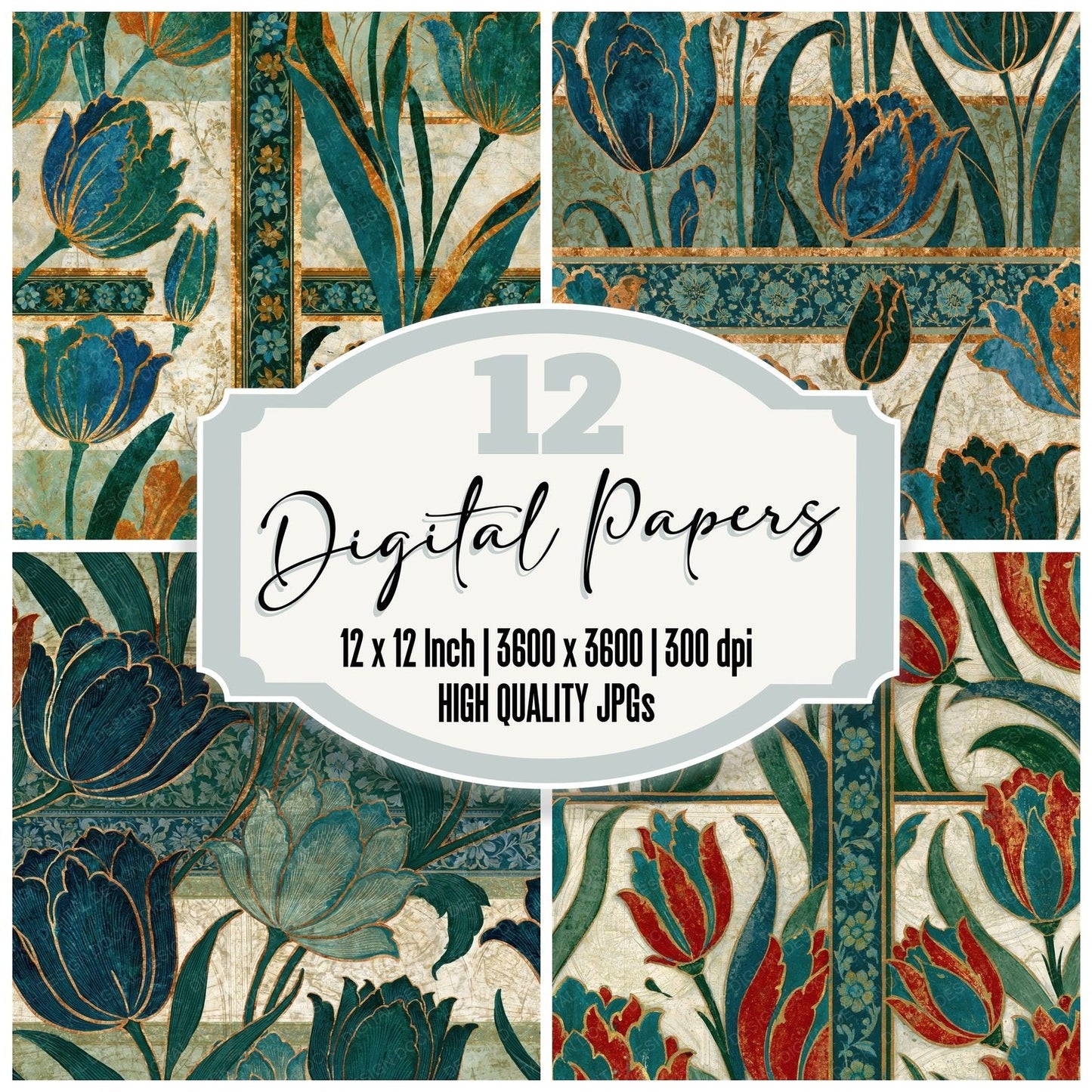 Mughal Tulips Sage Ivory Seamless Digital Paper Pack (DDD014879)