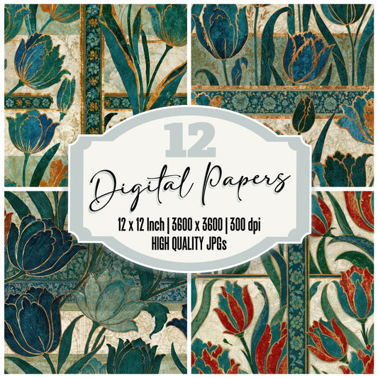 Mughal Tulips Sage Ivory Seamless digital paper pack cover showing four of the 12 papers