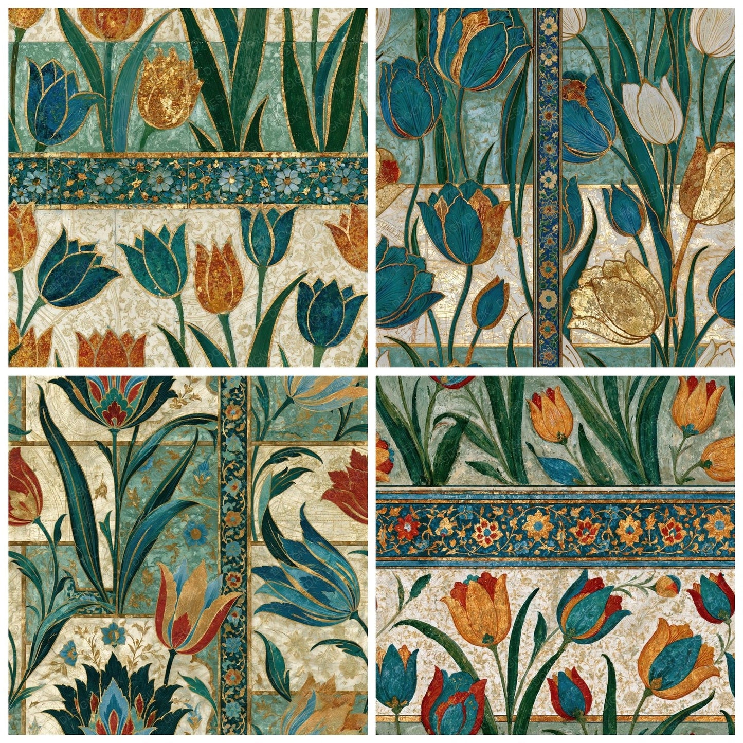 Mughal Tulips Sage Ivory Seamless Digital Paper Pack (DDD014879)