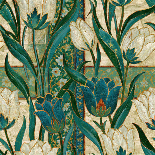 Single Mughal Tulips Sage Ivory Seamless digital paper shown full size