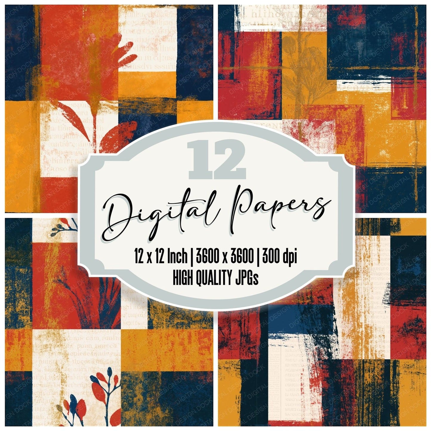 Pop Art Mustard Navy Tomato Abstract Seamless Digital Paper Pack (DDD014881)