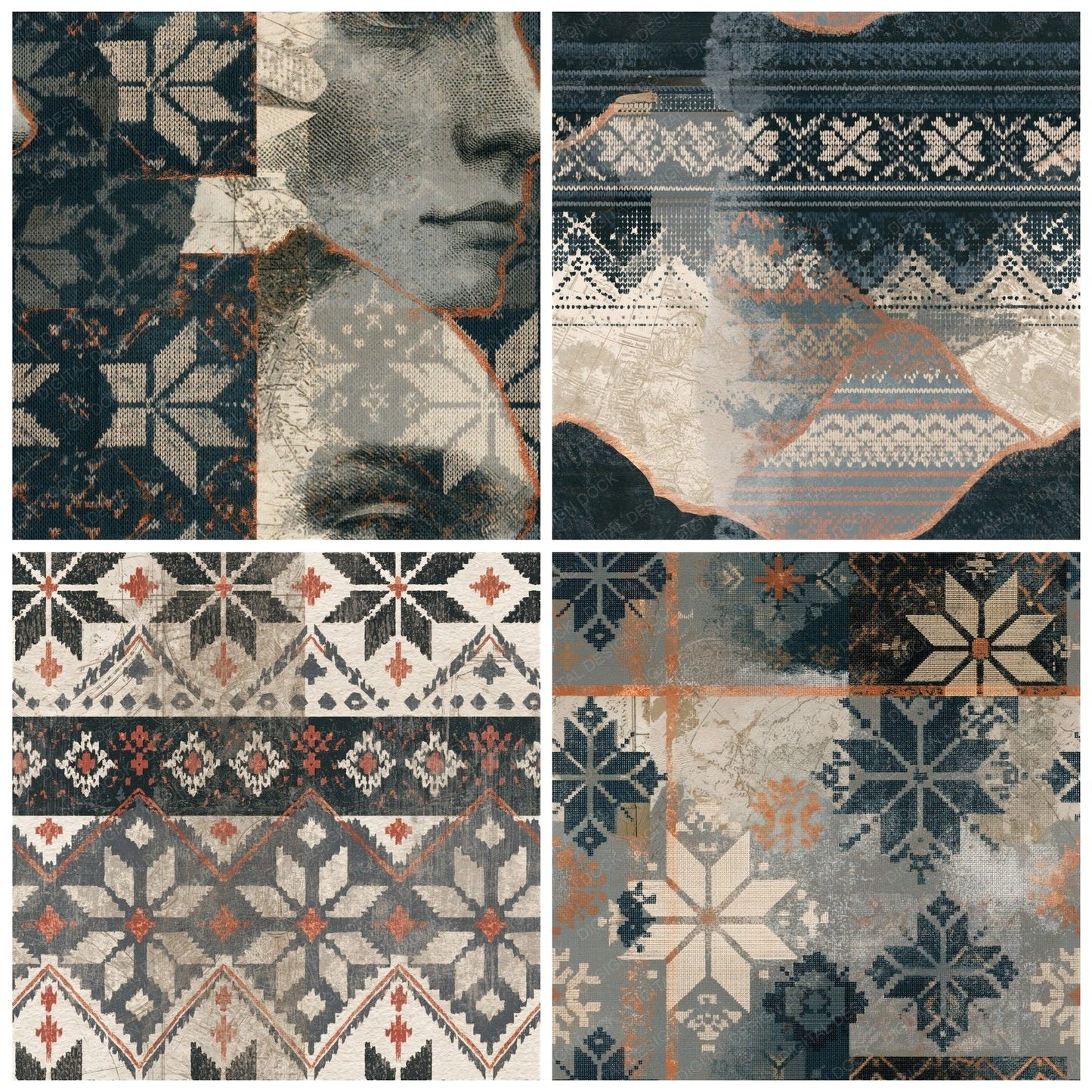 Antique Fair Isle Pewter Slate Seamless Digital Paper Pack (DDD014885)