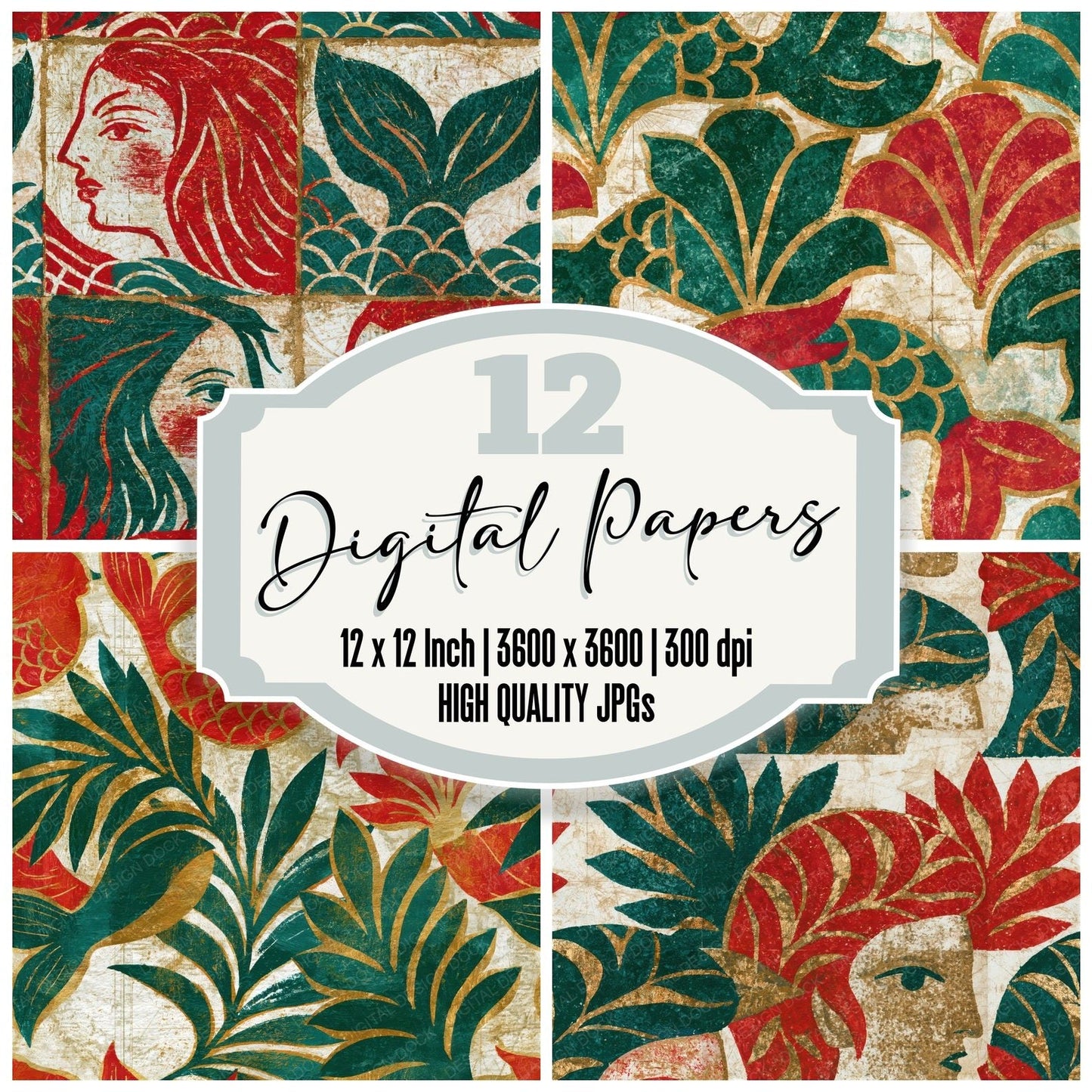 Folk Art Mermaid Figureheads Emerald Ruby Seamless Digital Paper Pack (DDD014887)