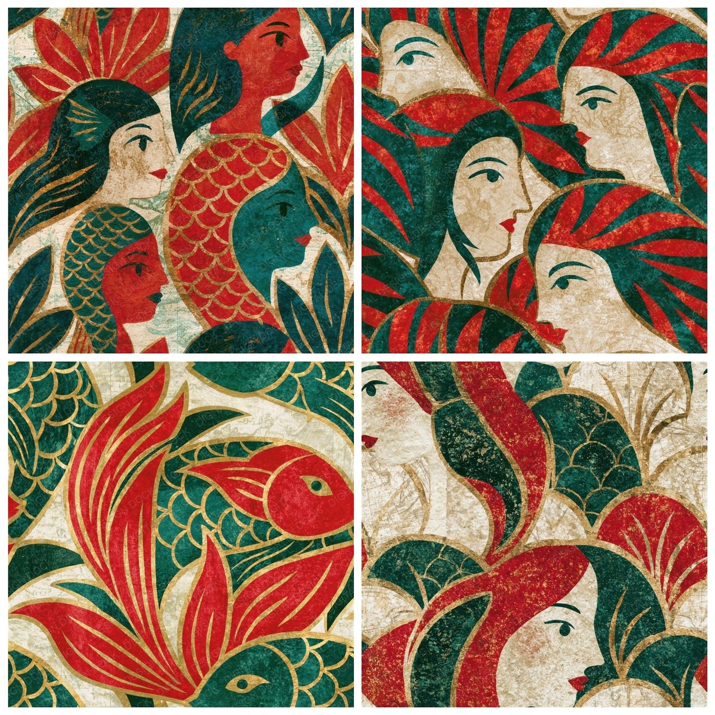 Folk Art Mermaid Figureheads Emerald Ruby Seamless Digital Paper Pack (DDD014887)