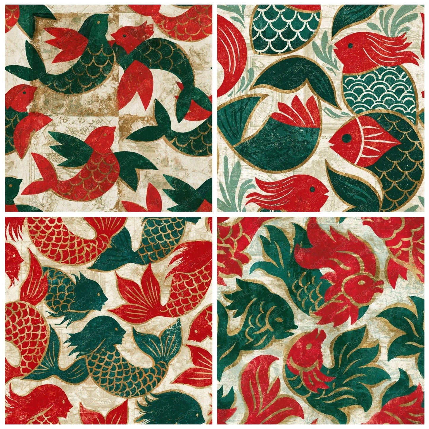 Folk Art Mermaid Figureheads Emerald Ruby Seamless Digital Paper Pack (DDD014887)