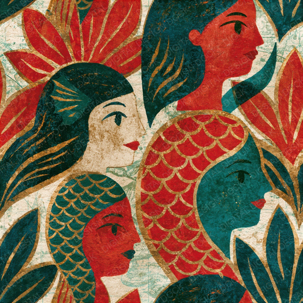 Folk Art Mermaid Figureheads Emerald Ruby Seamless Digital Paper Pack (DDD014887)