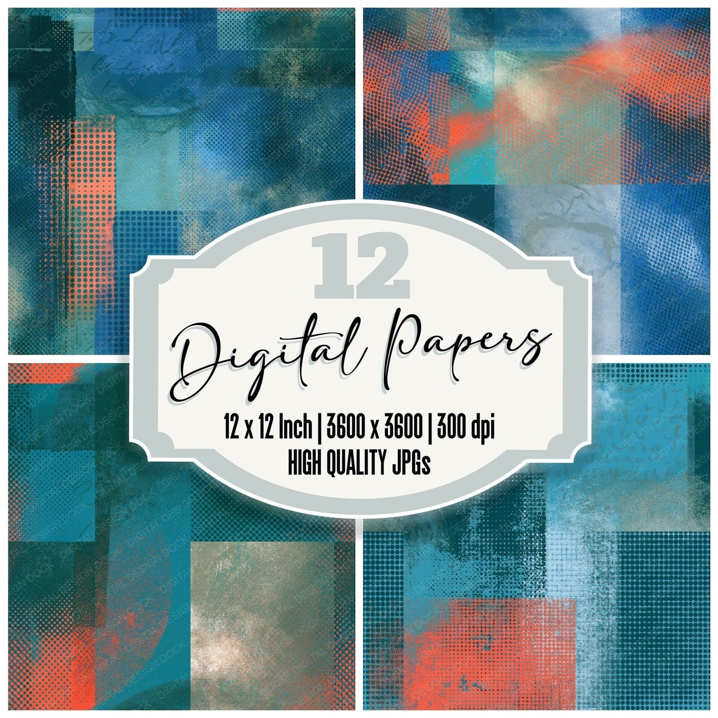 Halftone Lagoon Coral Abstract Seamless Digital Paper Pack (DDD014891)