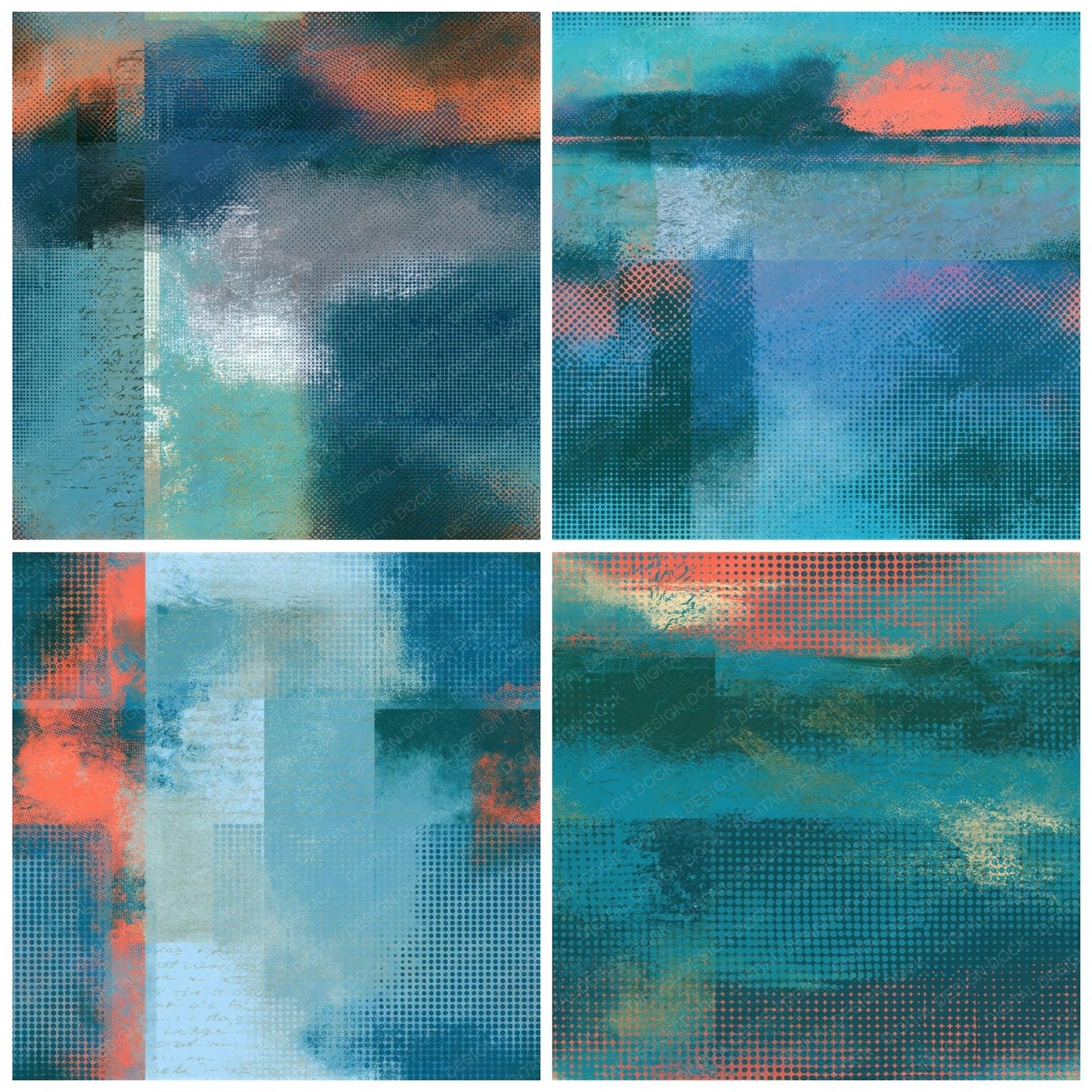 Halftone Lagoon Coral Abstract Seamless Digital Paper Pack (DDD014891)