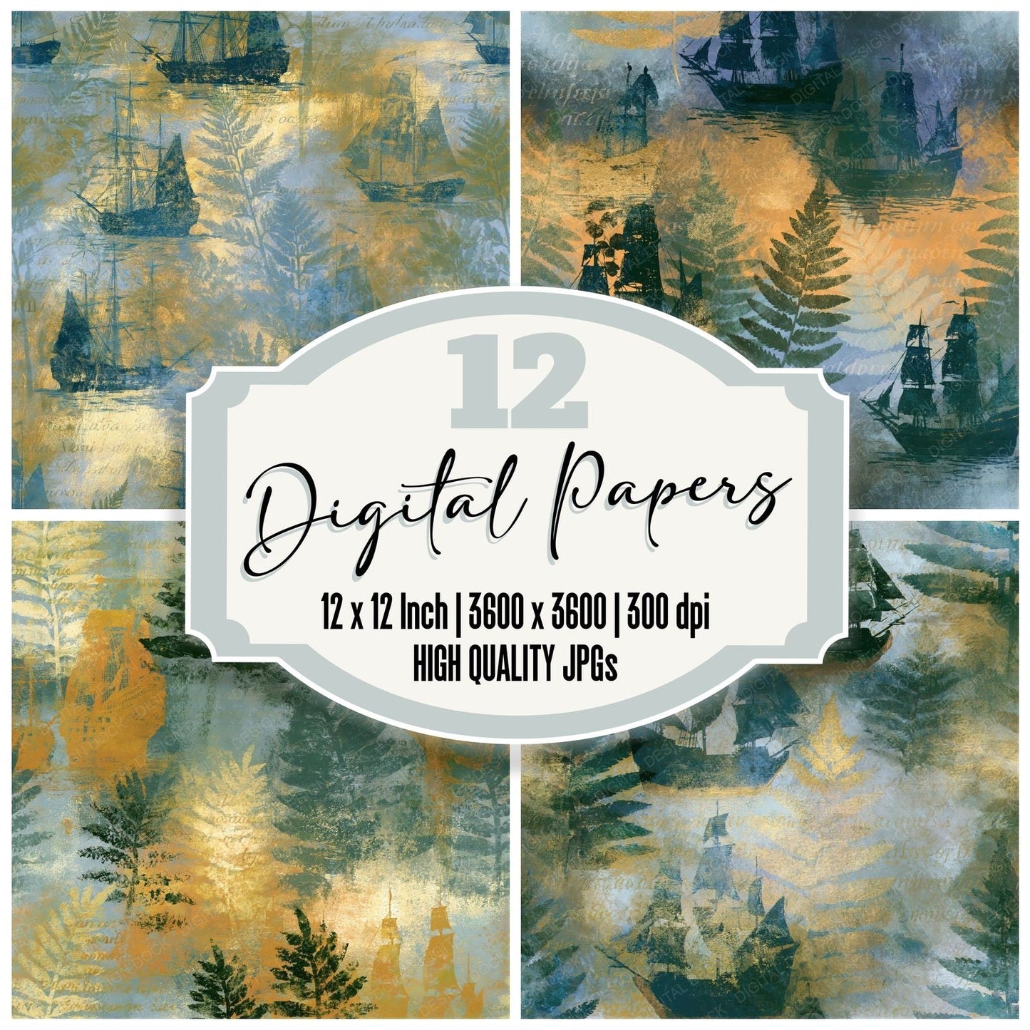 Impressionist Galleons Fern Ochre Seamless Digital Paper Pack (DDD014892)