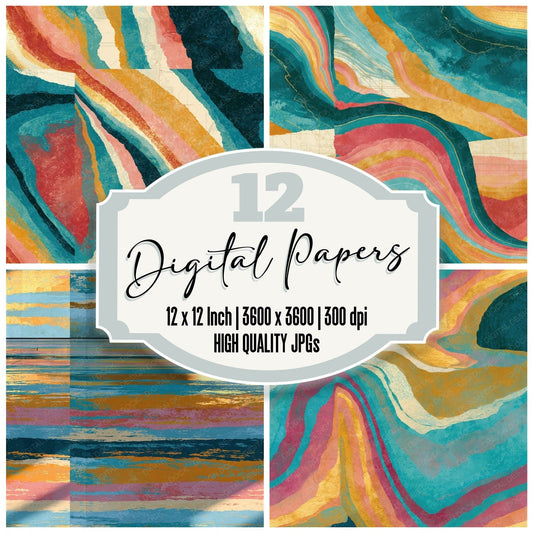 Surrealist Turquoise Pink Ochre Abstract Seamless Digital Paper Pack (DDD014902)