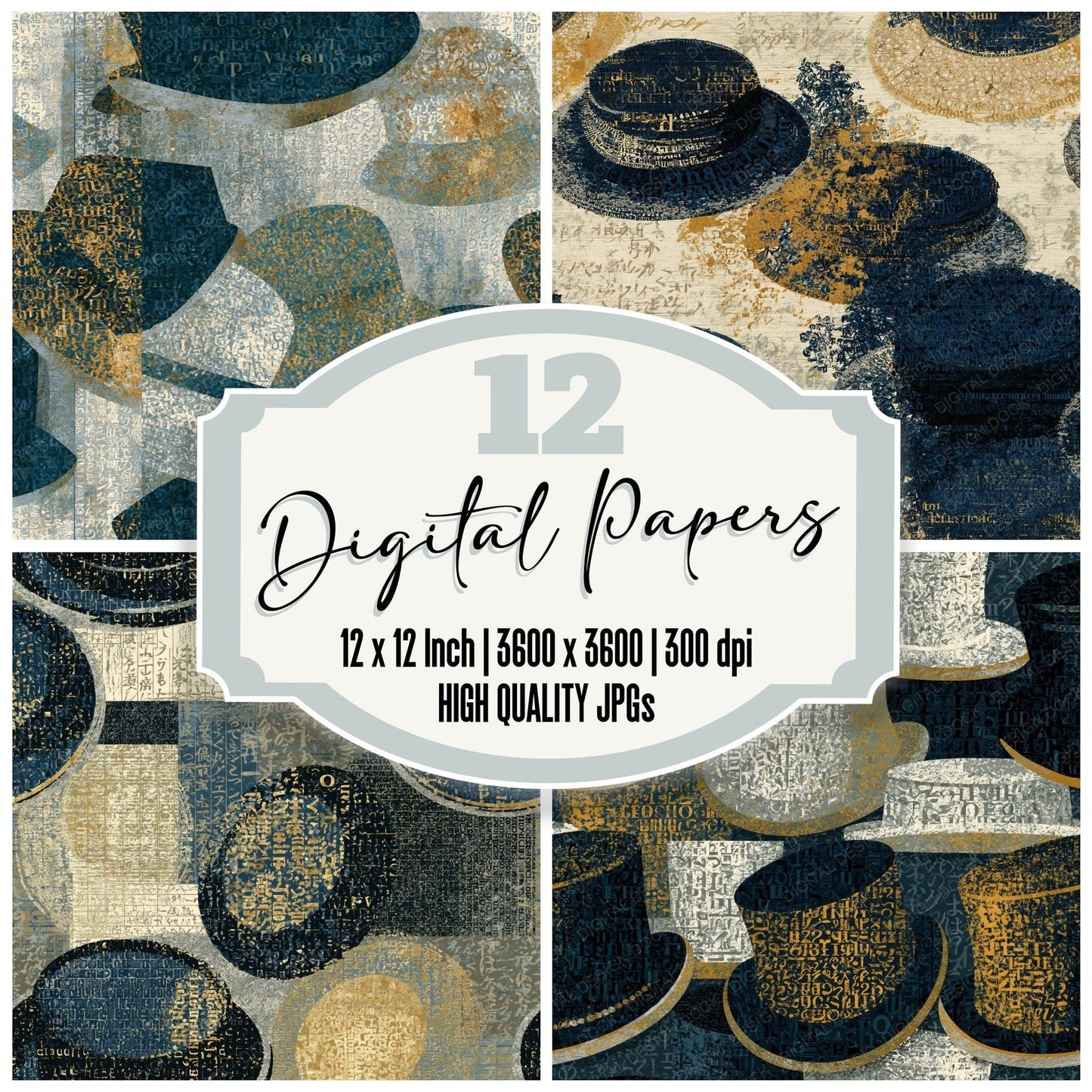 Typographic Pillbox Hats Midnight Gold Seamless Digital Paper Pack (DDD014903)