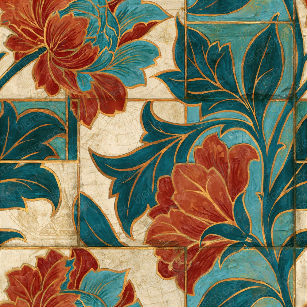 Woodblock Morris Florals Rust Turquoise Seamless Digital Paper Pack (DDD014904)