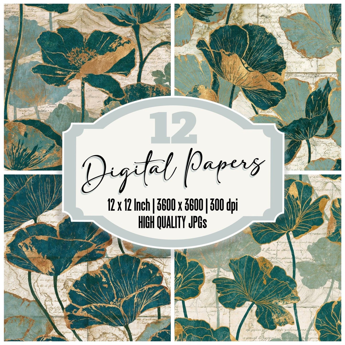 Antique Map Poppies Sage Ivory Digital Paper Pack (DDD014905)