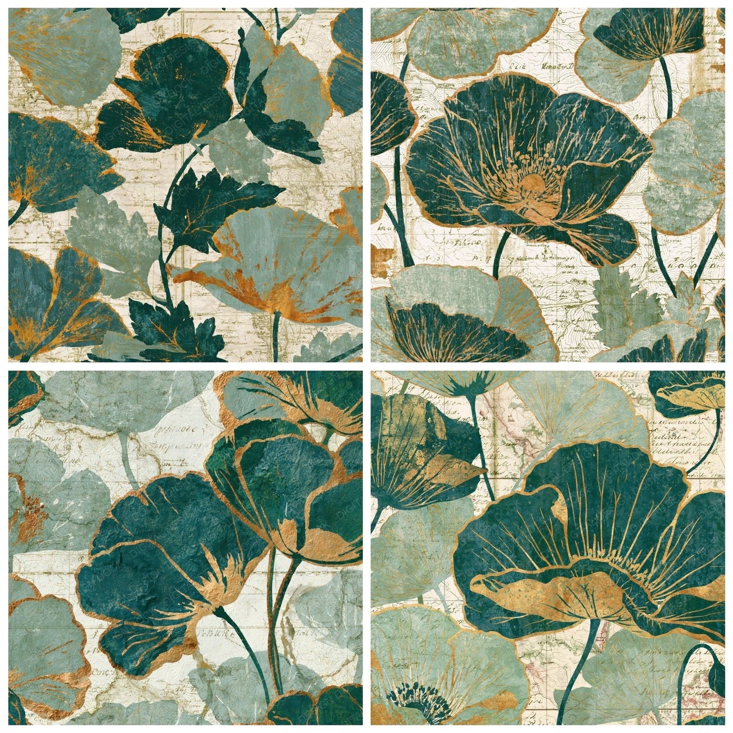 Antique Map Poppies Sage Ivory Digital Paper Pack (DDD014905)