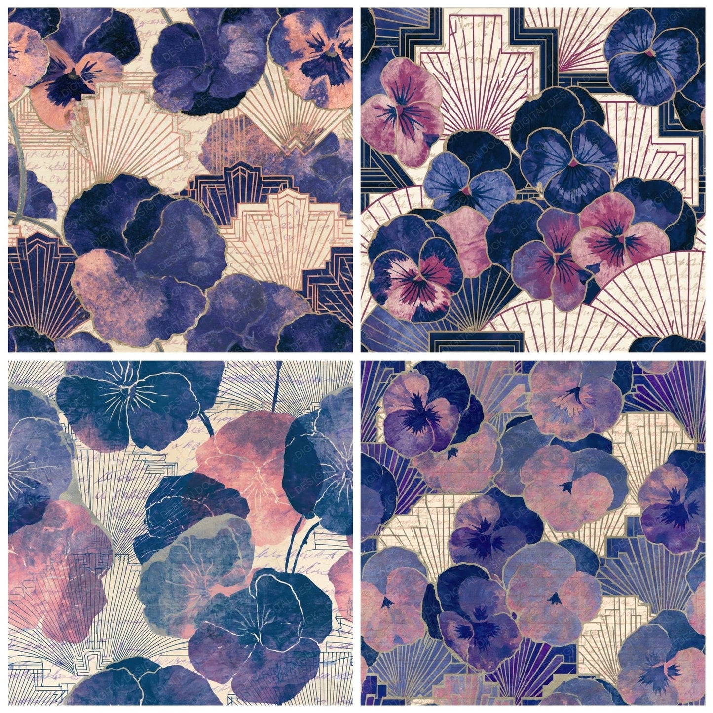 Art Deco Pansies Indigo Rose Seamless Digital Paper Pack (DDD014906)