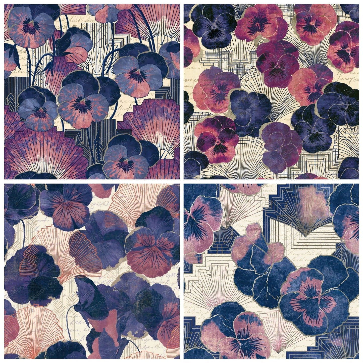 Art Deco Pansies Indigo Rose Seamless Digital Paper Pack (DDD014906)