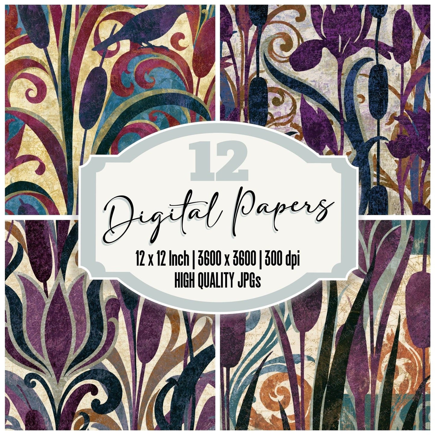 Baroque Cattails Plum Damson Digital Paper Pack (DDD014907)