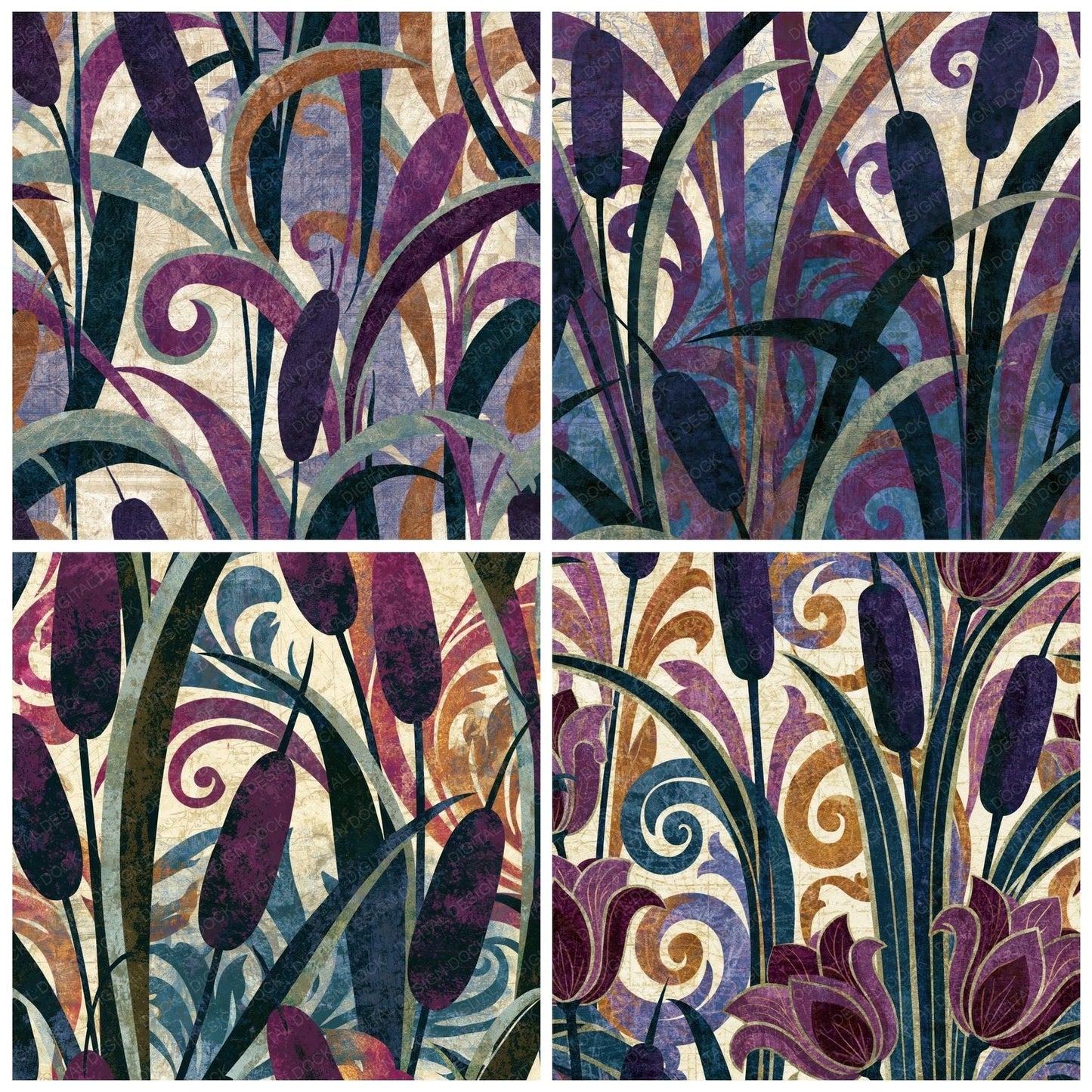 Baroque Cattails Plum Damson Digital Paper Pack (DDD014907)