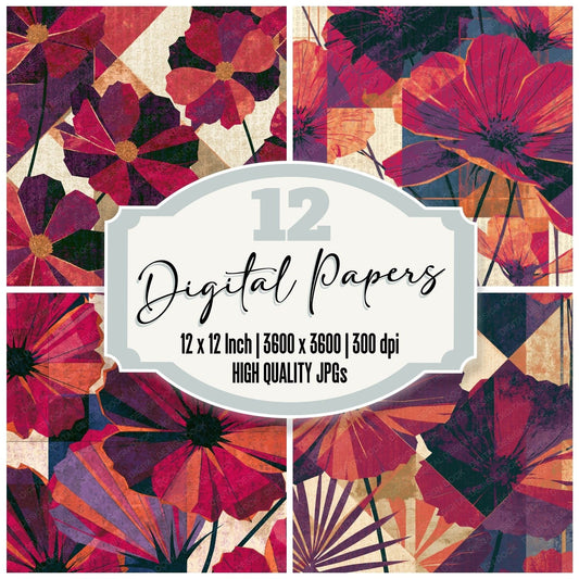 Constructivist Cosmos Raspberry Plum digital paper pack cover showing four of the 12 papers