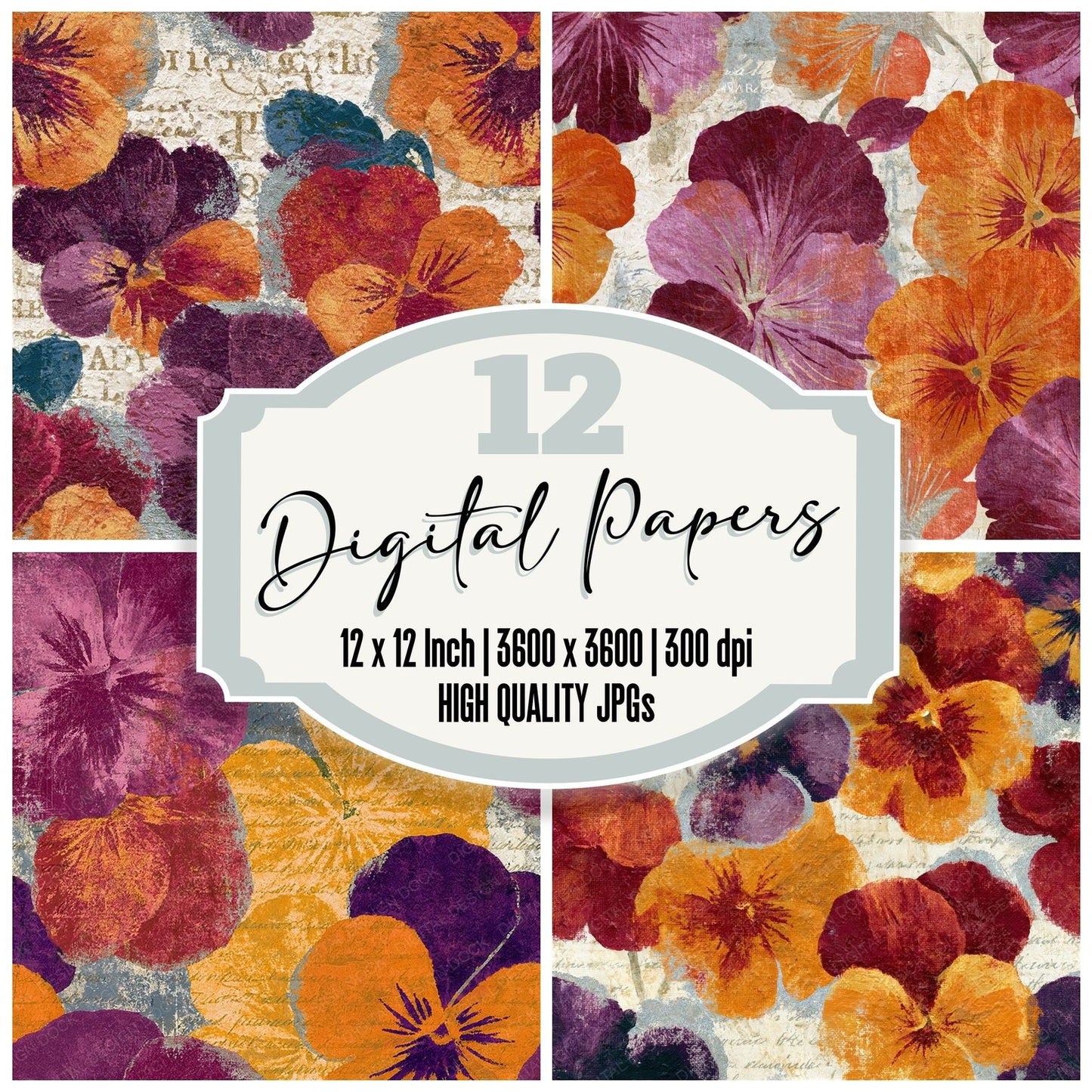 Fresco Pansies Pumpkin Wine Seamless Digital Paper Pack (DDD014910)