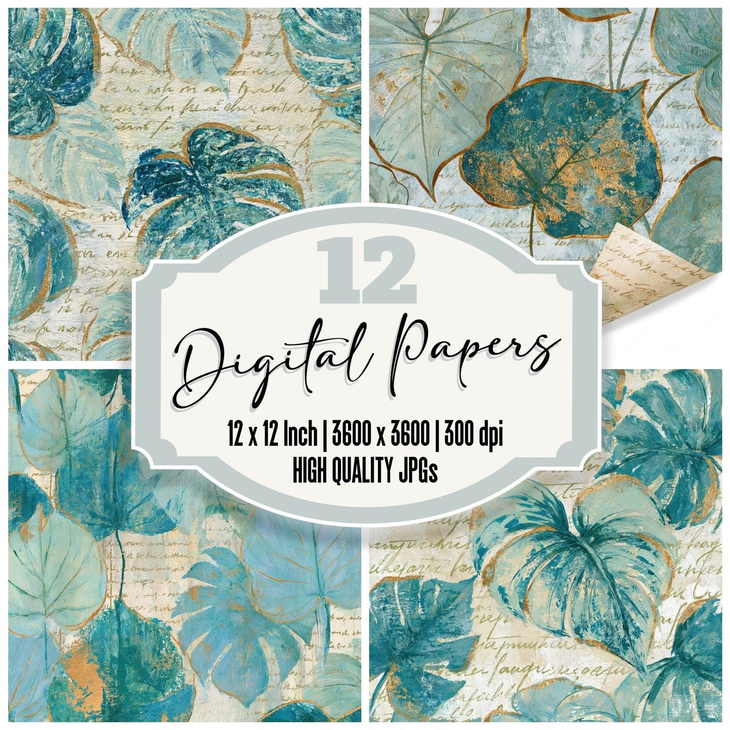 Impressionist Philodendron Seafoam Turquoise Digital Paper Pack (DDD014911)